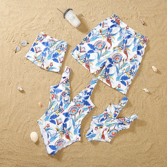 Family Matching Swimsuit Blue Floral Leaf Swim Trunks One Piece Swimsuit - ChildAngle
