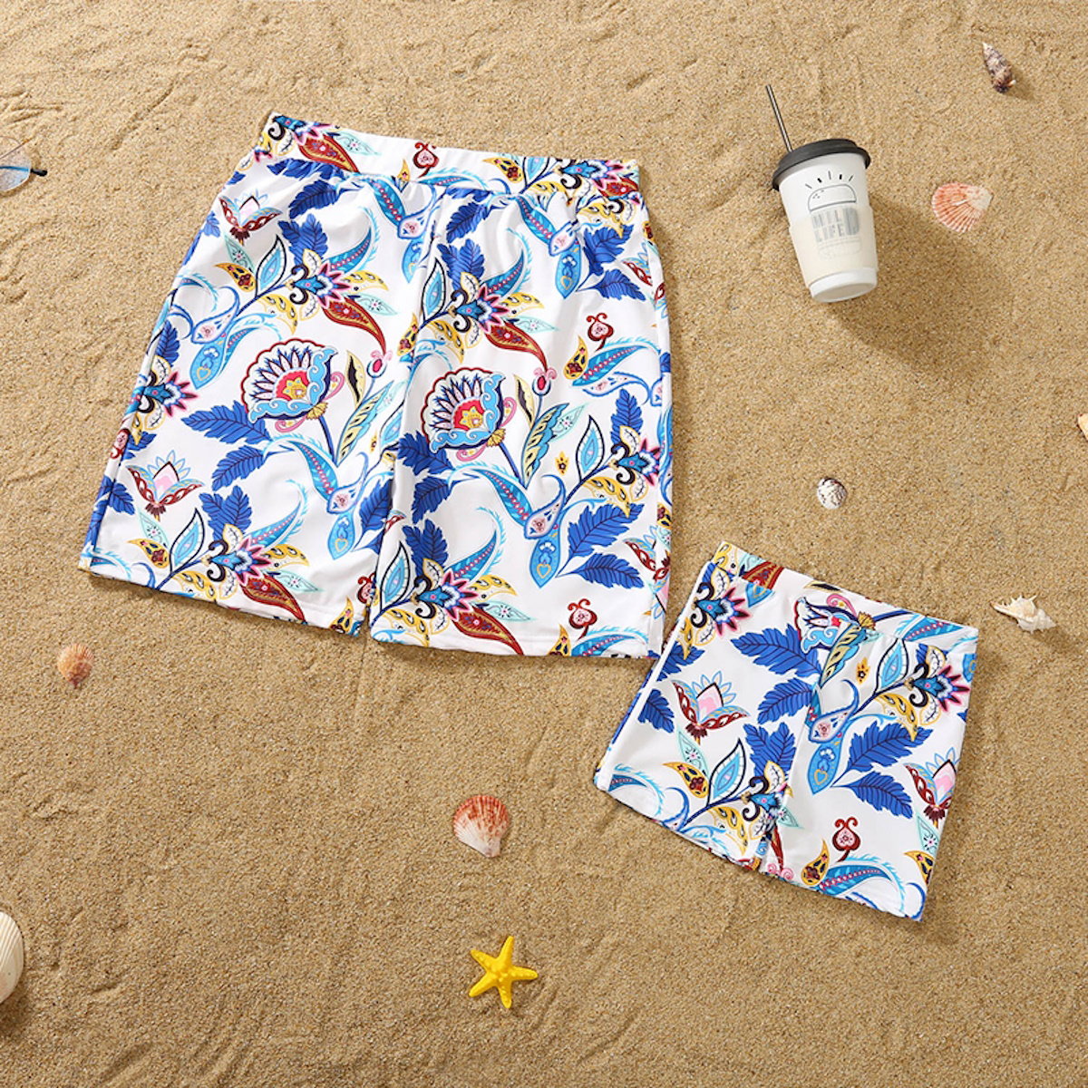 Family Matching Swimsuit Blue Floral Leaf Swim Trunks One Piece Swimsuit - ChildAngle