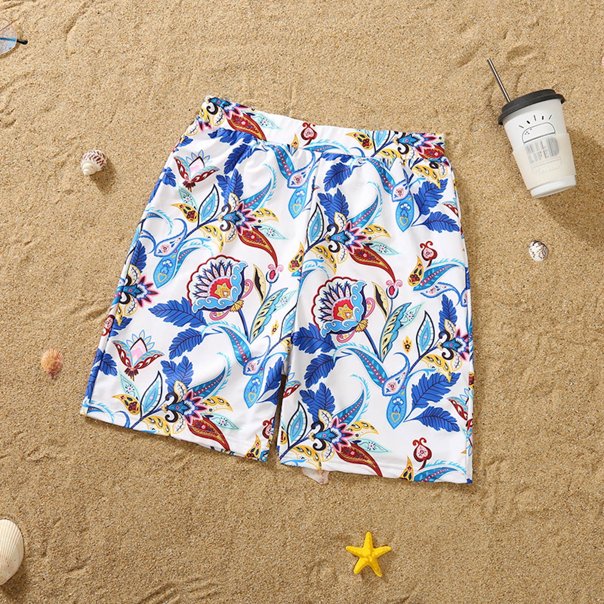 Family Matching Swimsuit Blue Floral Leaf Swim Trunks One Piece Swimsuit - ChildAngle