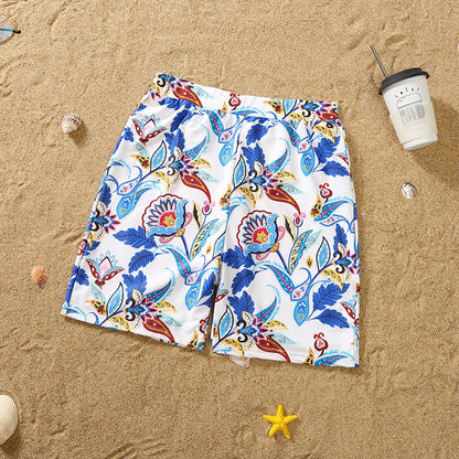 Family Matching Swimsuit Blue Floral Leaf Swim Trunks One Piece Swimsuit - ChildAngle