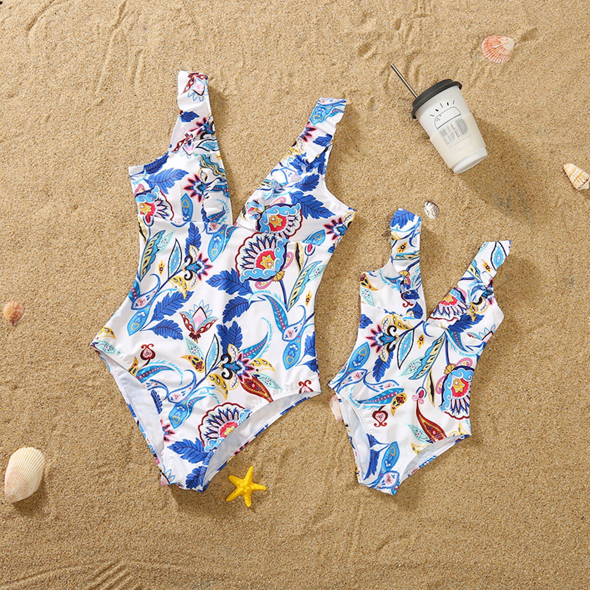 Family Matching Swimsuit Blue Floral Leaf Swim Trunks One Piece Swimsuit - ChildAngle