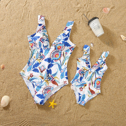 Family Matching Swimsuit Blue Floral Leaf Swim Trunks One Piece Swimsuit - ChildAngle