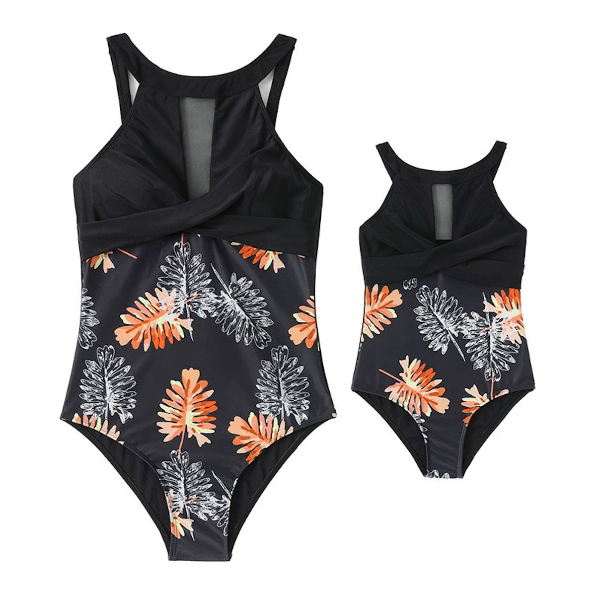 Black swimsuit with floral pattern on a white background