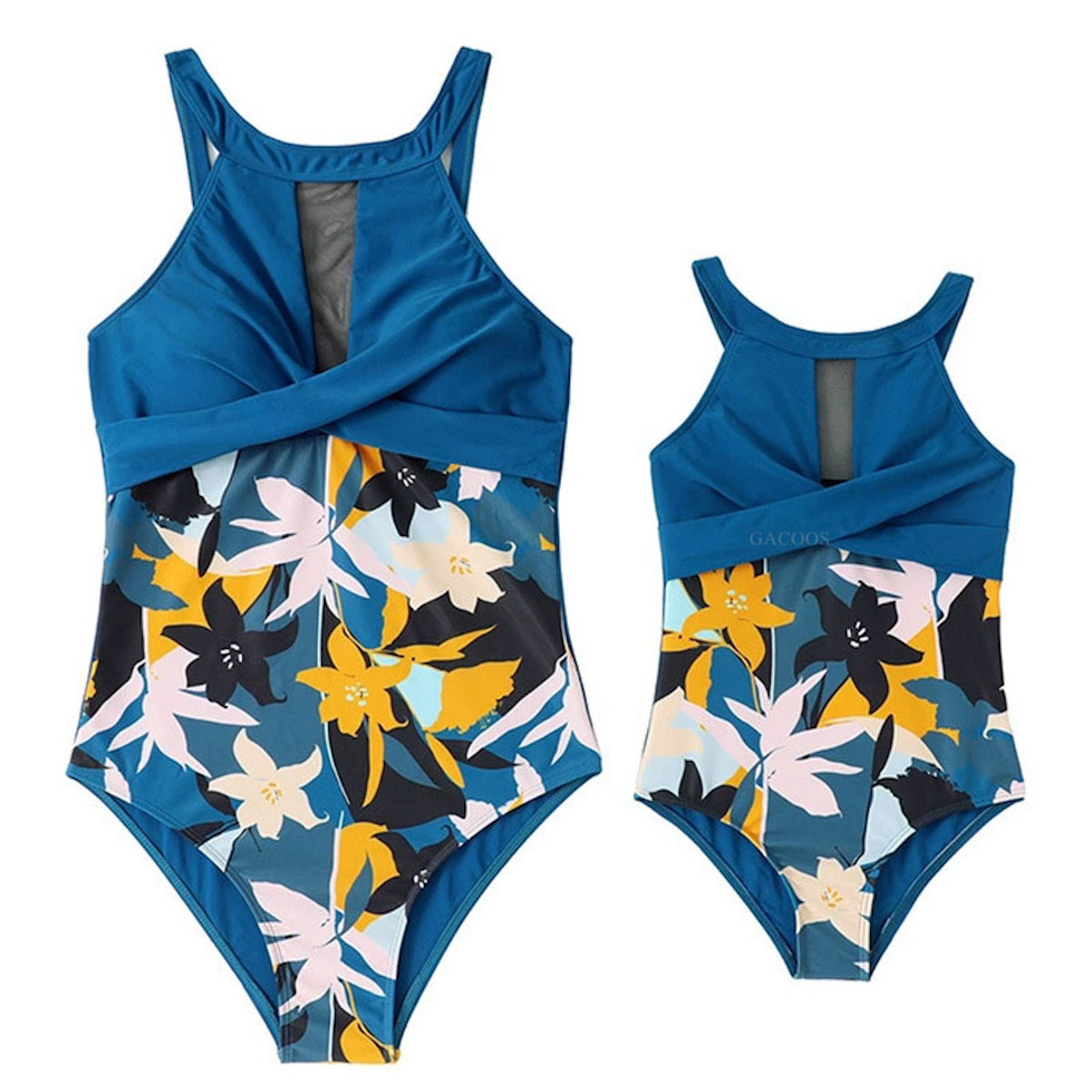 Blue floral swimsuit on a white background