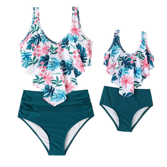 Mommy and Me Matching Swimsuit Tropical Plants Flounced Mother Me Bathing Suits -  ChildAngle
