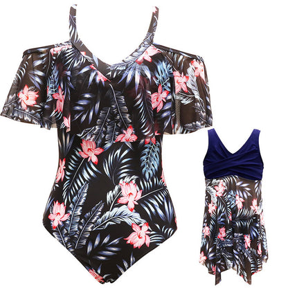 Tropical floral swimsuit set Blue Flounced One Piece Swimsuits - ChildAngle