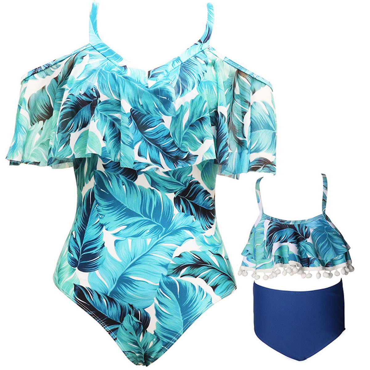 Two-piece swimsuit with tropical leaf pattern Tassle One Piece Palm Leaves Swimsuits - ChildAngle