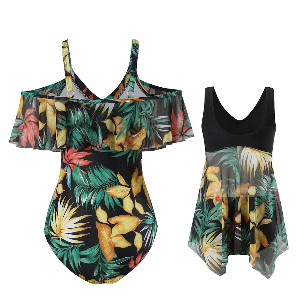 Tropical leaf patterned swimsuit with a black tank top One Piece Swimsuits Palm - ChildAngle