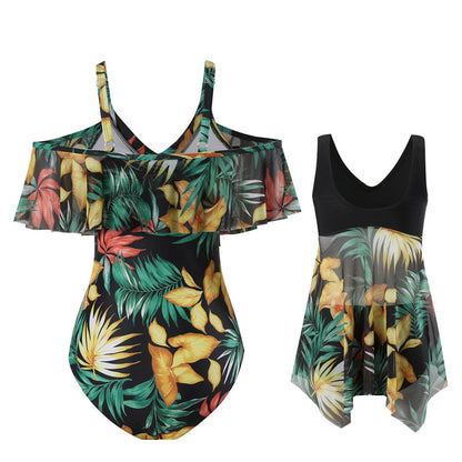 Tropical leaf patterned swimsuit with a black tank top One Piece Swimsuits Palm - ChildAngle