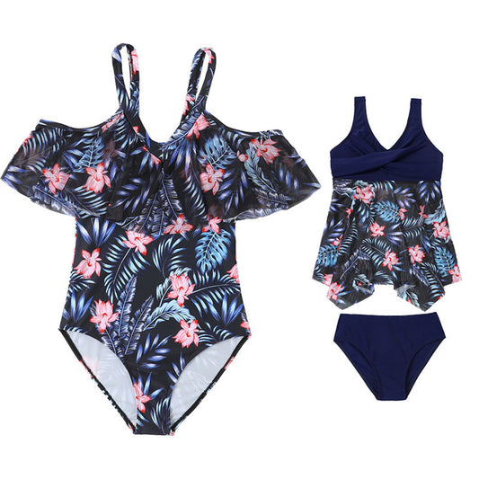 Two-piece swimsuit with floral pattern Off Shoulder Flounced One Piece Swimsuits Mommy and Me
