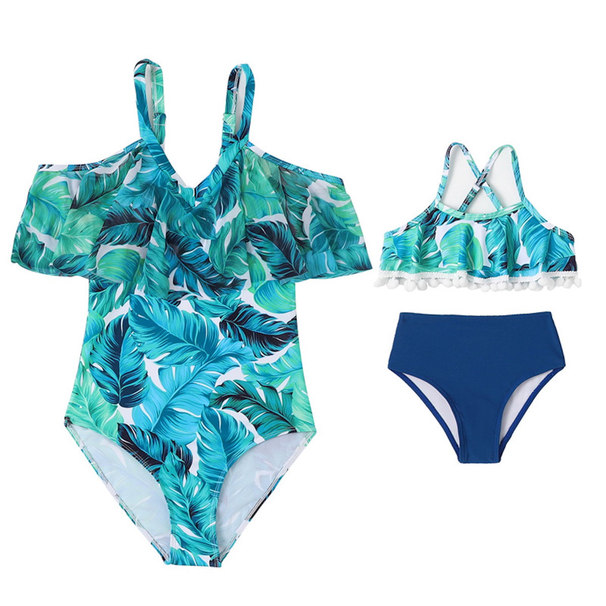 Two swimsuits with tropical leaf pattern Tassle Bikini Set and One Piece Off Shoulder Swimwear - ChildAngle