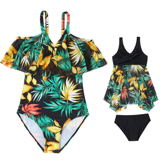 Tropical leaf patterned swimsuit with top and bottom Off Shoulder Swimsuits for Mommy and Me - ChildAngle