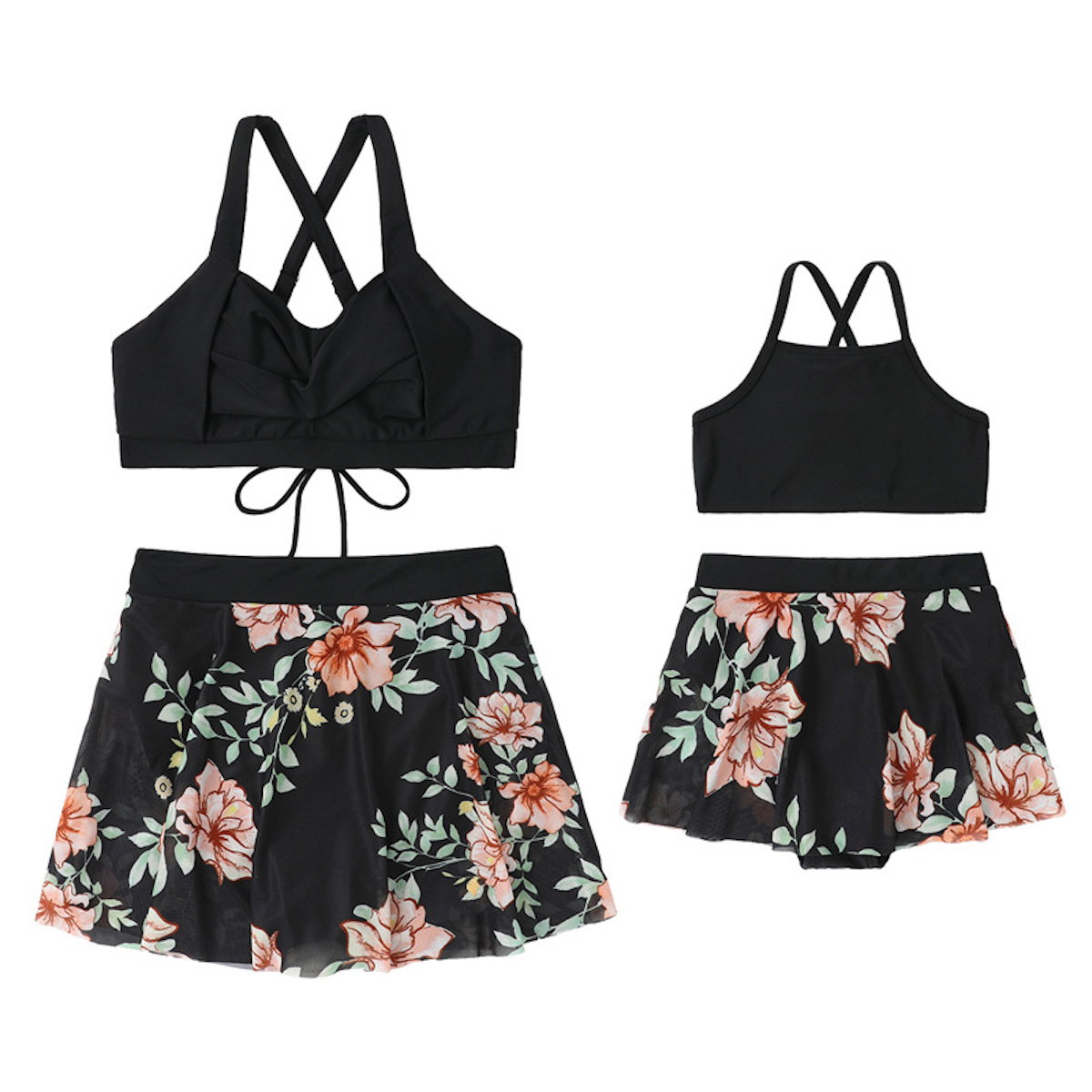 Matching Family Swimwear Black Plant Floral Swimsuit - ChildAngle