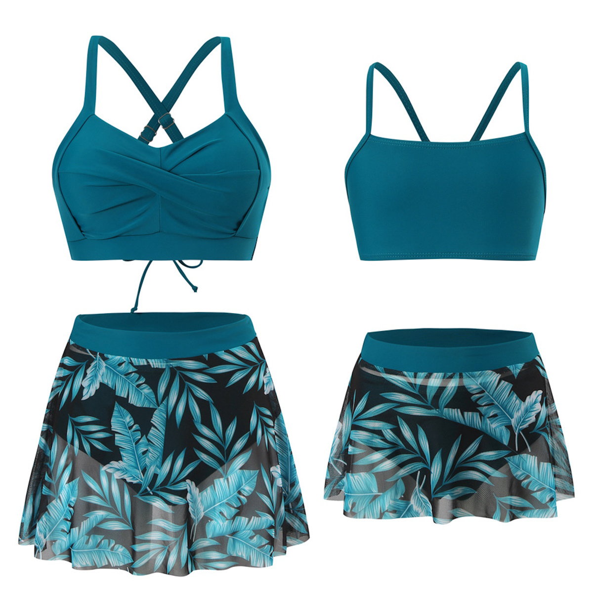 Teal mommy and me swimwear and skirt set with leaf pattern on a white background