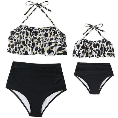 Leopard print bikini top and black high-waisted bottoms - ChildAngle