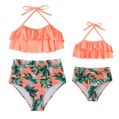 Two-piece swimsuit with ruffled top and leaf patterned bottom - ChildAngle