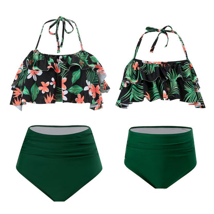 Two views of a two-piece swimsuit with floral top and green bottom - ChildAngle