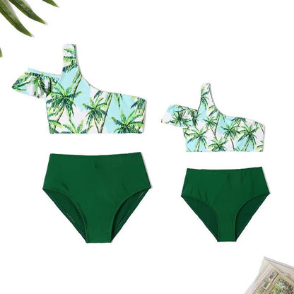 Two-piece swimsuit with palm tree pattern top and green bottom - ChildAngle