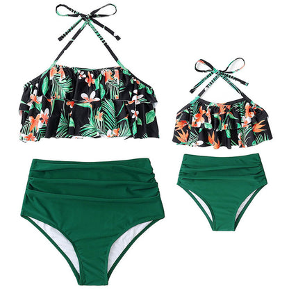 Two-piece swimsuit with floral top and green bottoms - ChildAngle
