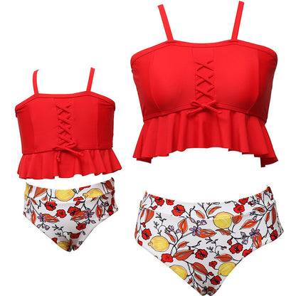 Red bikini top with ruffled details and floral-patterned bottoms - ChildAngle