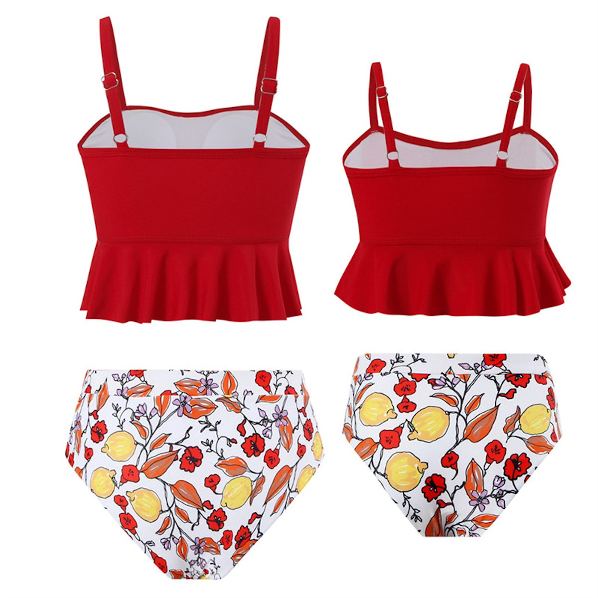 Red bikini top with ruffled skirt and floral-patterned bottoms - ChildAngle
