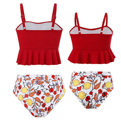 Red bikini top with ruffled skirt and floral-patterned bottoms - ChildAngle