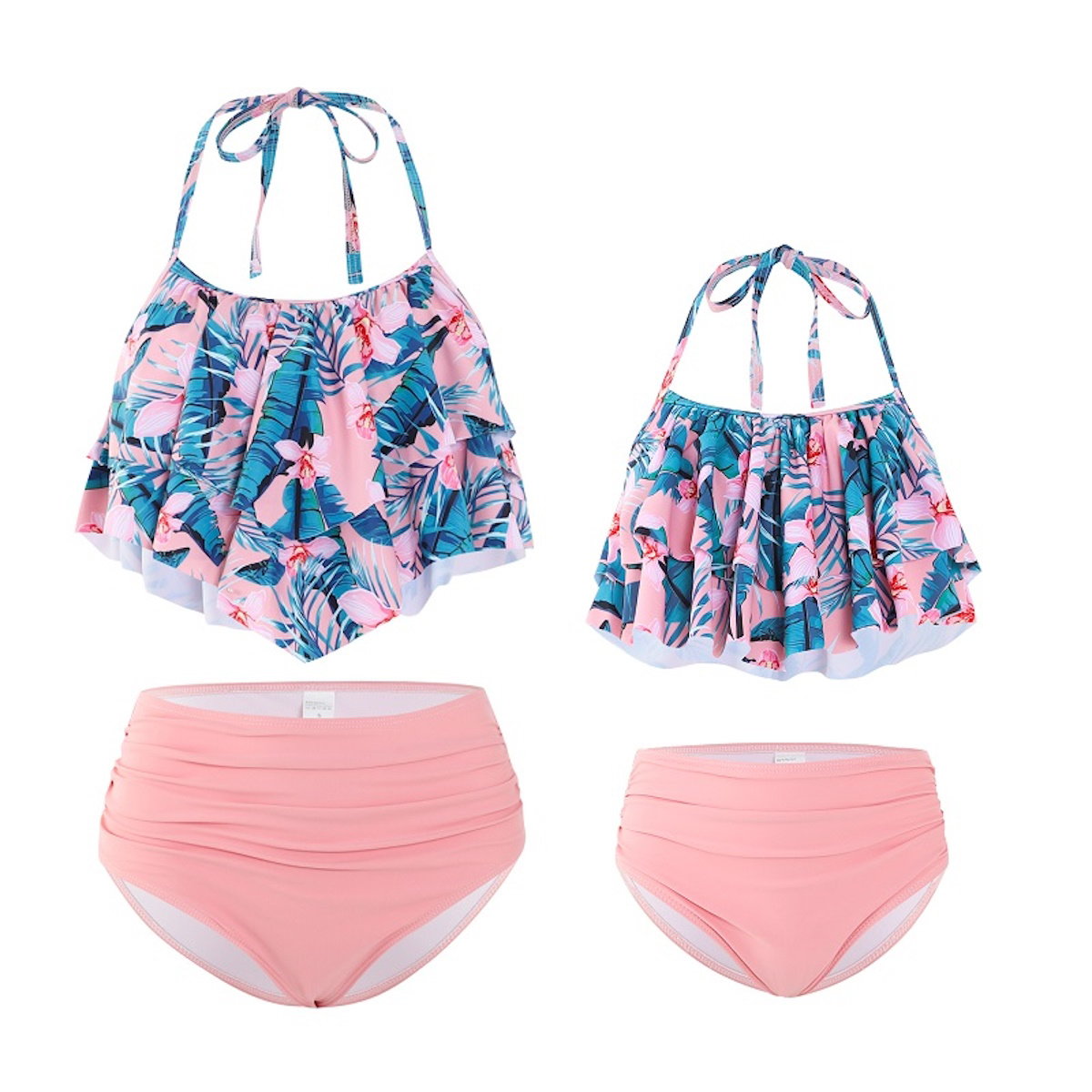 Two-piece swimsuit with floral top and pink bottom - ChildAngle