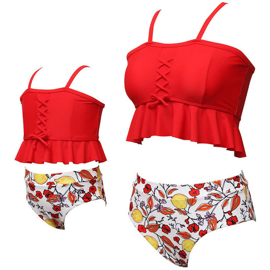 Red bikini top and floral-patterned bottom Bikini Set - ChildAngle