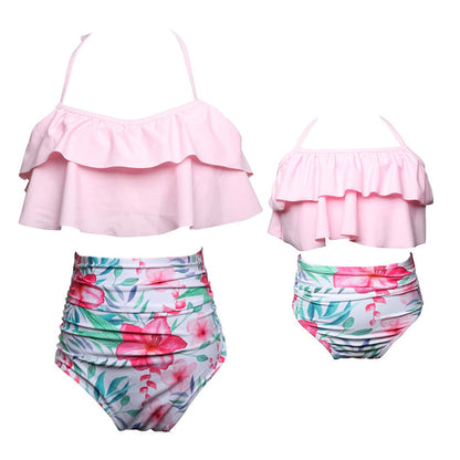 Two-piece swimsuit with ruffled top and floral shorts - ChildAngle