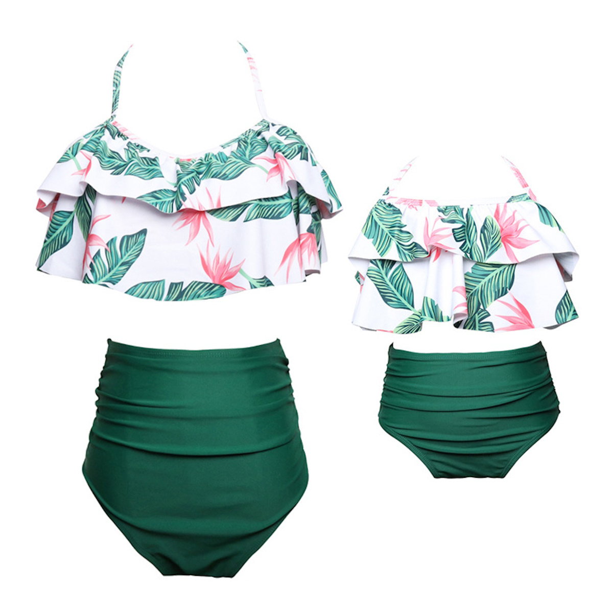 Two-piece swimsuit with floral top and green high-waisted bottoms - ChildAngle