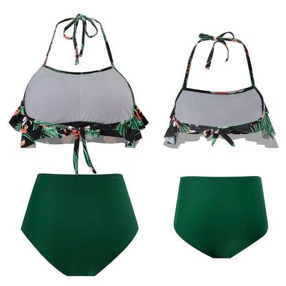 Two views of a bikini set with a floral top and green bottom - ChildAngle