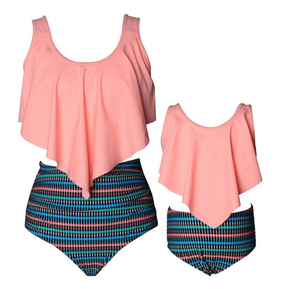 Two-piece swimsuit with peach top and multicolored striped bottom Bikini Set - ChildAngle