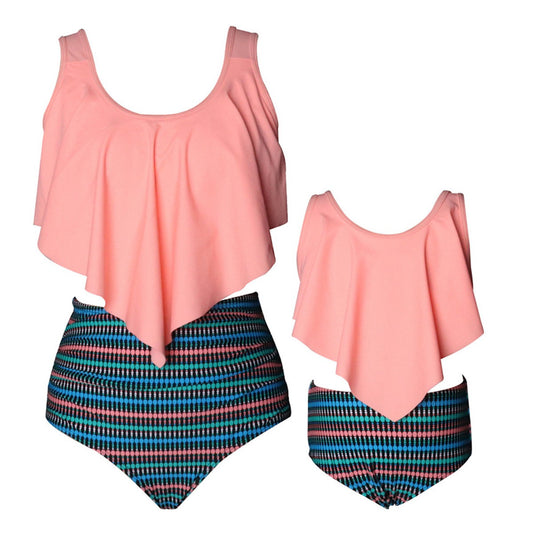 Two-piece swimsuit with peach top and multicolored striped bottom Bikini Set - ChildAngle