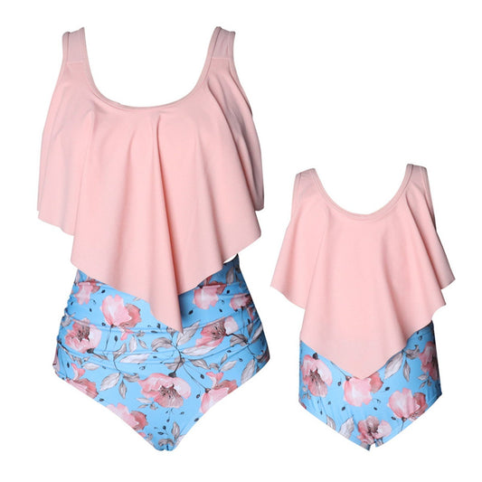 Two-piece swimsuit with pink top and blue floral bottom Bikini Set - ChildAngle