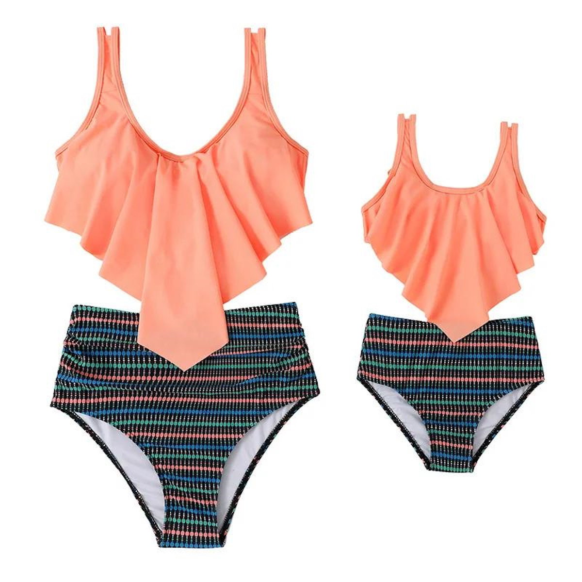 Two swimsuits, one for adults and one for children Ruffle Top Striped Bottom Bikini Set - ChildAngle