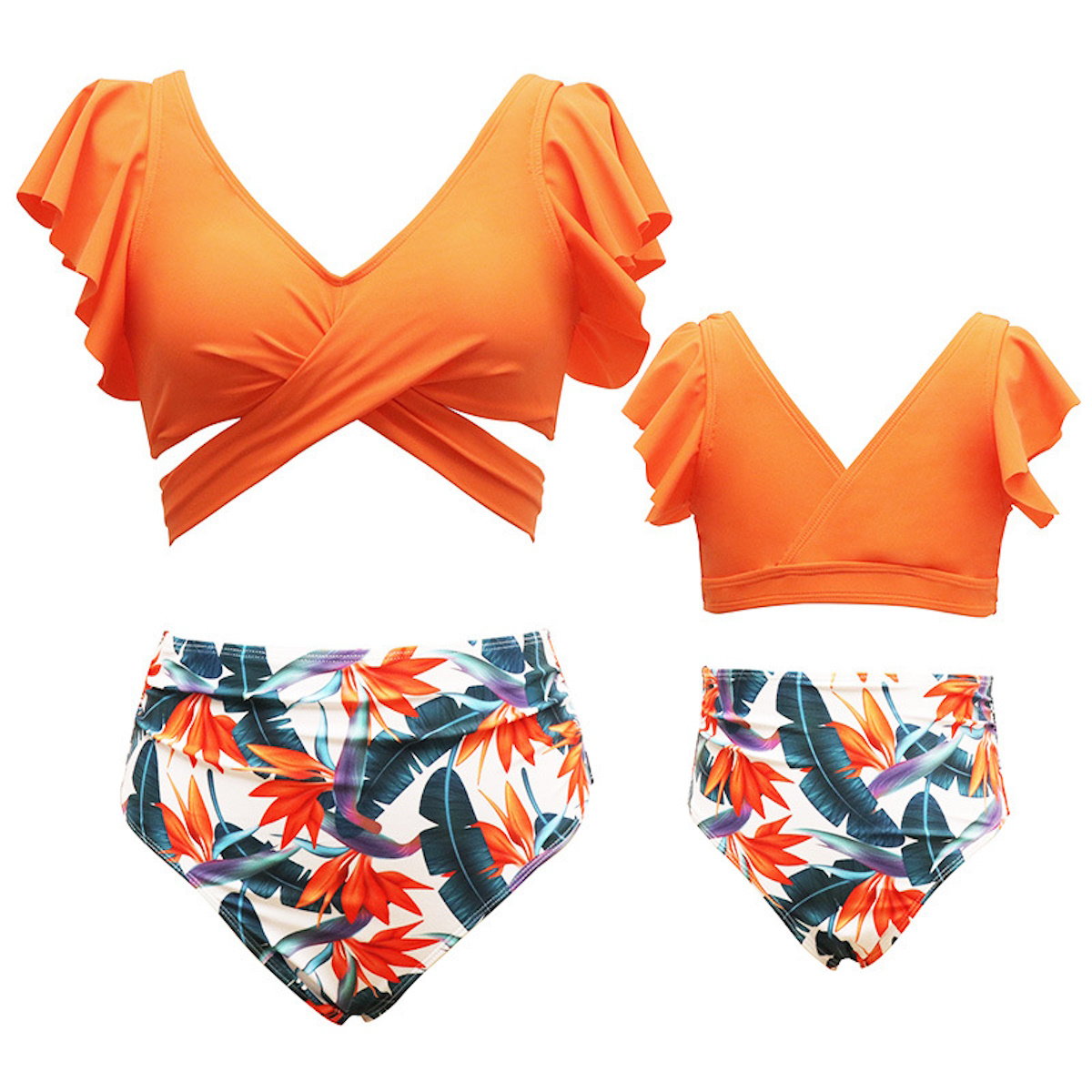 Orange bikini top and floral high-waisted bottoms Cross Front Bikini Set - ChildAngle