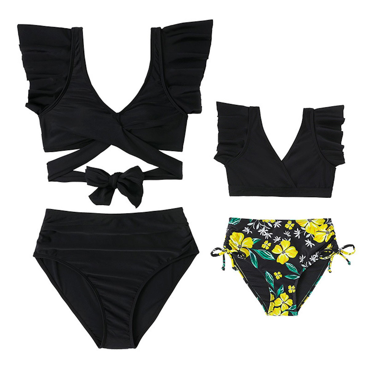 Black bikini set with Yellow floral bottom Short Flutter Sleeve Swimwear - ChildAngle