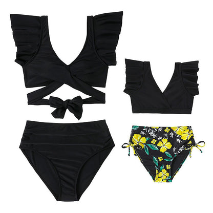 Black bikini set with Yellow floral bottom Short Flutter Sleeve Swimwear - ChildAngle