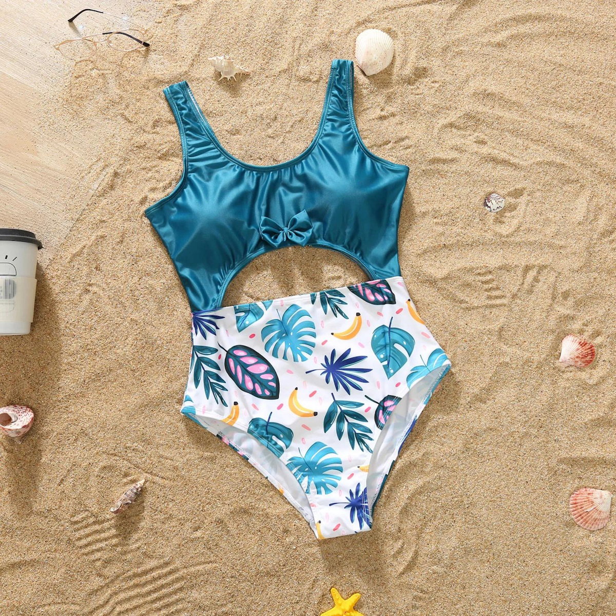 Family Matching Swimsuit Blue Palm Leaves Banana Cutout One-piece Swimsuit Plant Print Swim Trunks - ChildAngle