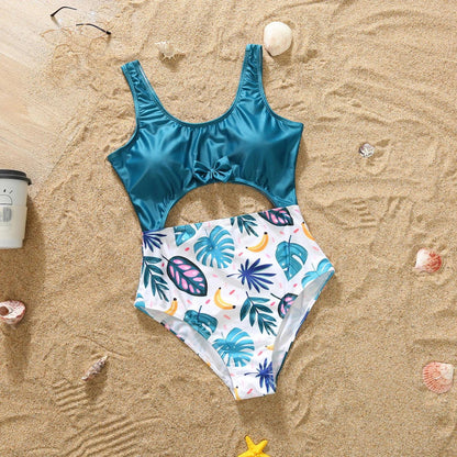 Family Matching Swimsuit Blue Palm Leaves Banana Cutout One-piece Swimsuit Plant Print Swim Trunks - ChildAngle