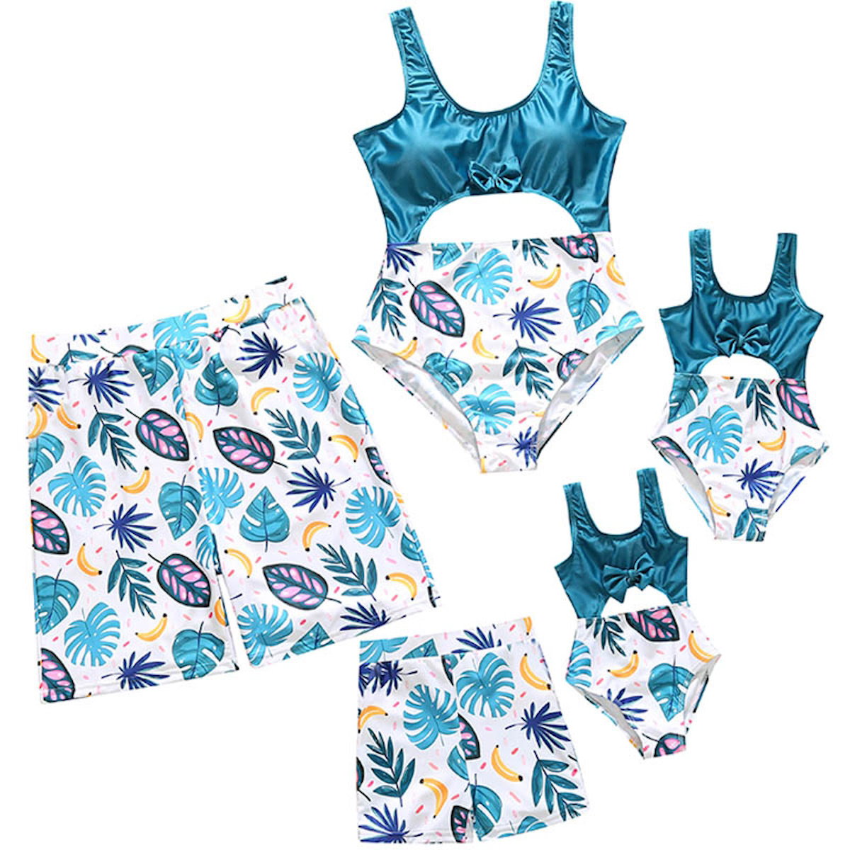 Family Matching Swimsuit Blue Palm Leaves Banana Cutout One-piece Swimsuit Plant Print Swim Trunks - ChildAngle