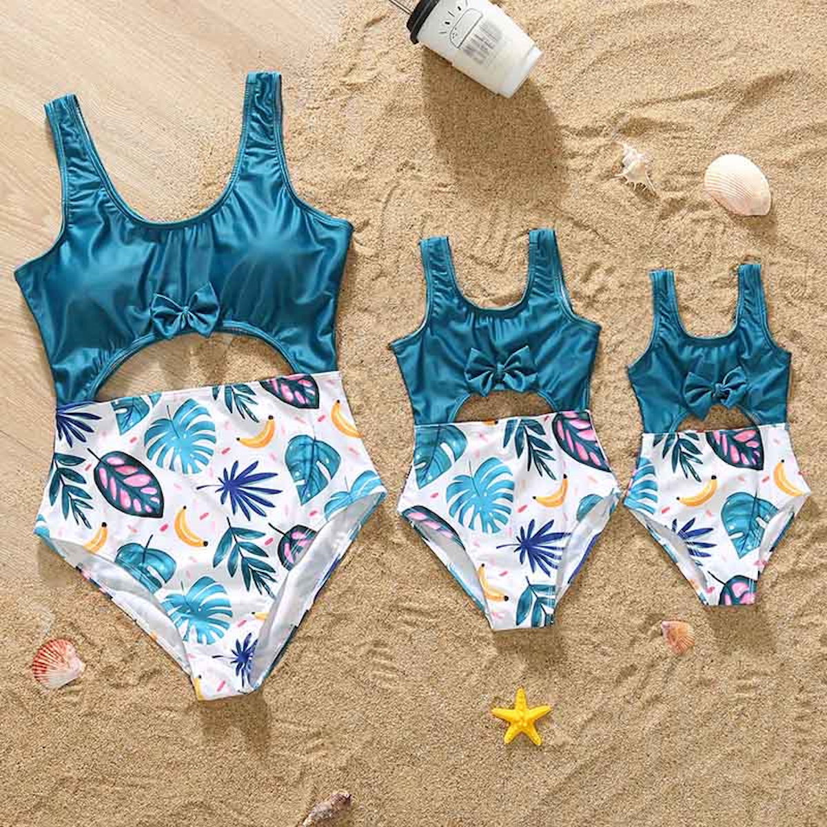 Family Matching Swimsuit Blue Palm Leaves Banana Cutout One-piece Swimsuit Plant Print Swim Trunks - ChildAngle