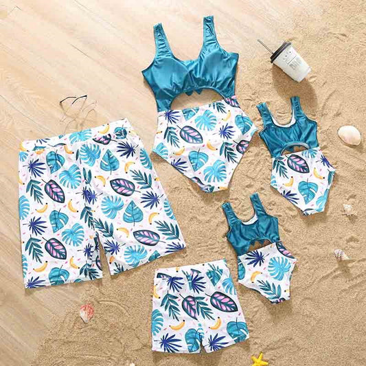 Family Matching Swimsuit Blue Palm Leaves Banana Cutout One-piece Swimsuit Plant Print Swim Trunks - ChildAngle