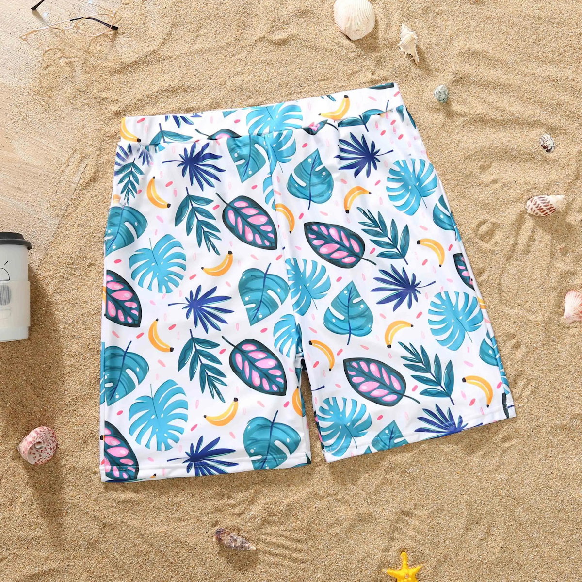 Family Matching Swimsuit Blue Palm Leaves Banana Cutout One-piece Swimsuit Plant Print Swim Trunks - ChildAngle