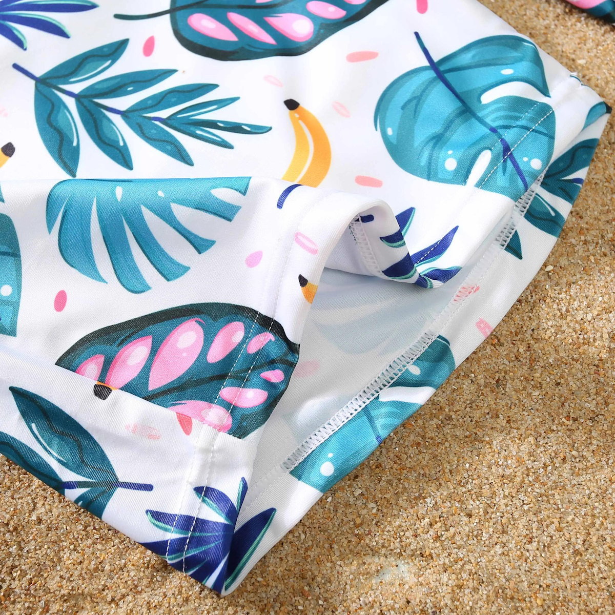 Family Matching Swimsuit Blue Palm Leaves Banana Cutout One-piece Swimsuit Plant Print Swim Trunks - ChildAngle