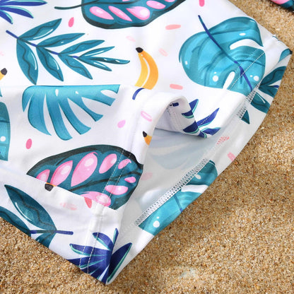 Family Matching Swimsuit Blue Palm Leaves Banana Cutout One-piece Swimsuit Plant Print Swim Trunks - ChildAngle
