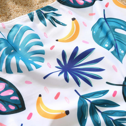 Family Matching Swimsuit Blue Palm Leaves Banana Cutout One-piece Swimsuit Plant Print Swim Trunks - ChildAngle