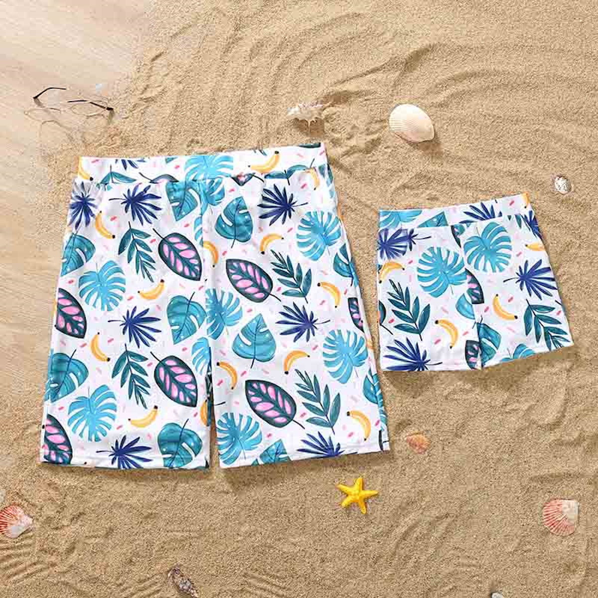 Family Matching Swimsuit Blue Palm Leaves Banana Cutout One-piece Swimsuit Plant Print Swim Trunks - ChildAngle