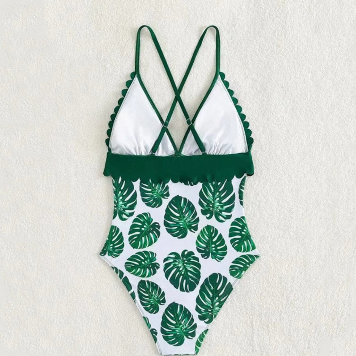 Matching Family Bathing Suits Green Palm Leaves Floral One Piece Cross Back Scalloped Top Swimwear - ChildAngle