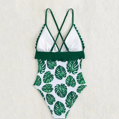 Matching Family Bathing Suits Green Palm Leaves Floral One Piece Cross Back Scalloped Top Swimwear - ChildAngle